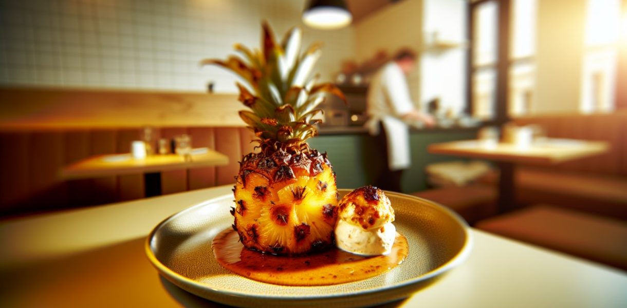 Un ananas rôti, arrosé de rhum et accompagné d'une crème coco, présenté de manière appétissante sur une assiette.