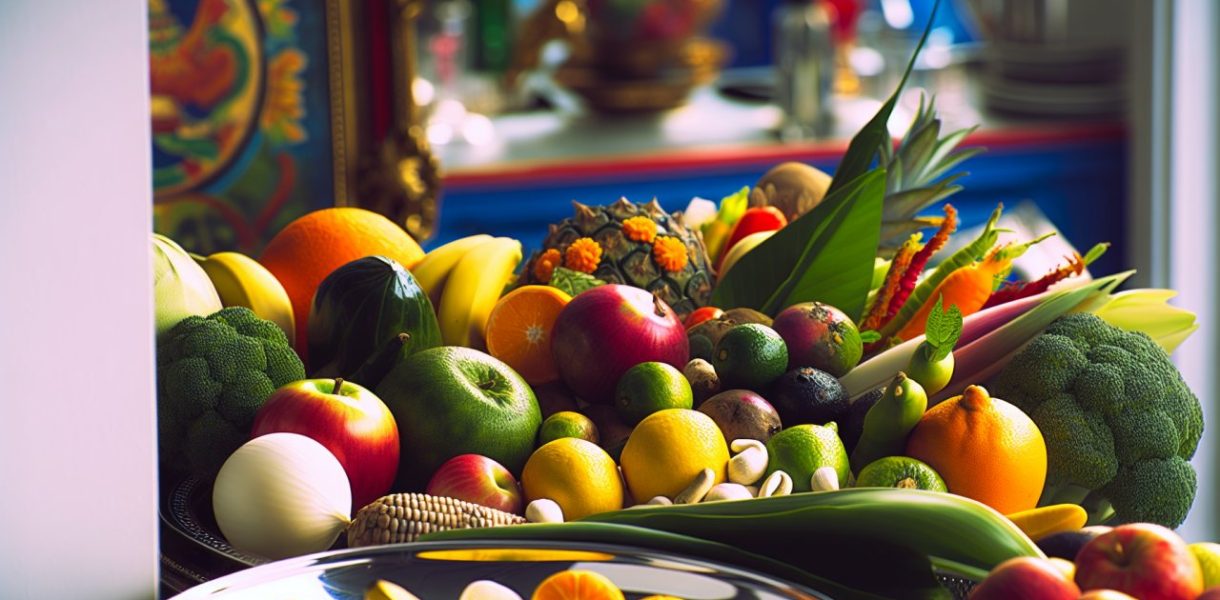 Un assortiment coloré de différents fruits et légumes, certains entiers et crus, d'autres coupés ou cuits.
