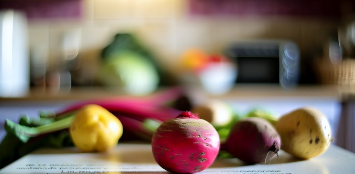 Des betteraves fraîches et colorées sur une table de cuisine avec un fond flou de légumes variés.