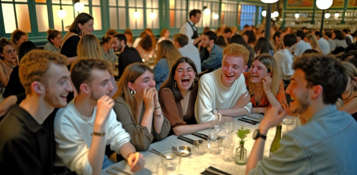 Un groupe d'amis attablés, riant et discutant lors d'un repas dans un restaurant.