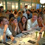 Un groupe d'amis attablés, riant et discutant lors d'un repas dans un restaurant.