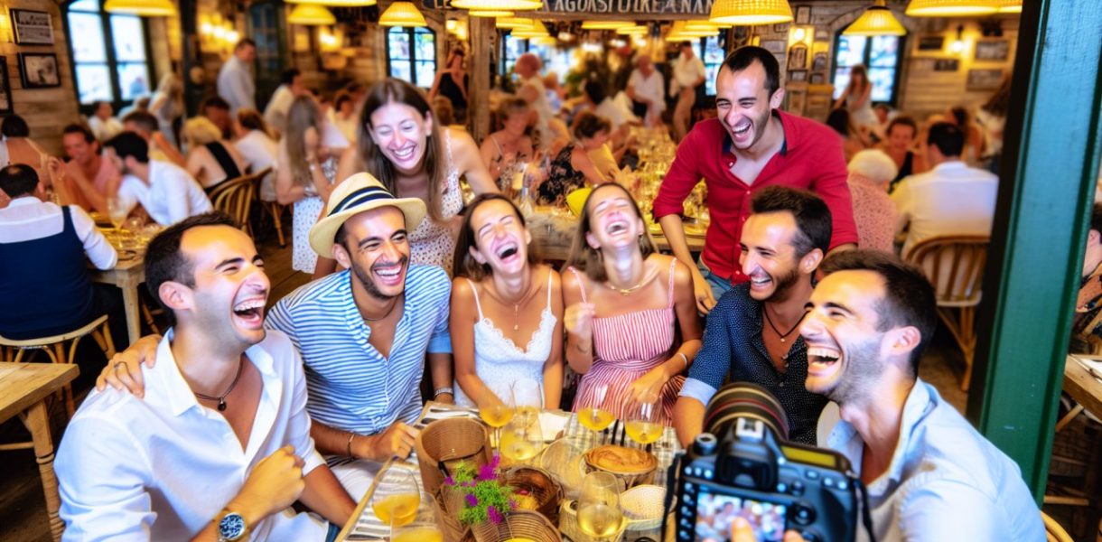 Un groupe d'amis en vacances, riant et profitant d'un grand repas ensemble.