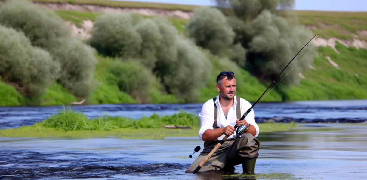 Un homme en train de pêcher au bord d'une rivière, avec sa canne à pêche.