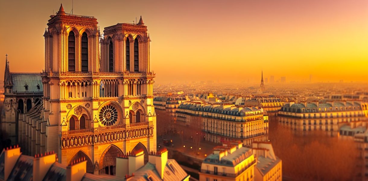 Une vue panoramique de la cathédrale Notre-Dame de Paris au coucher du soleil.