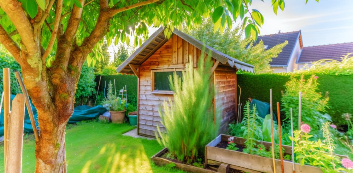 Un abri de jardin en bois installé dans un jardin verdoyant.