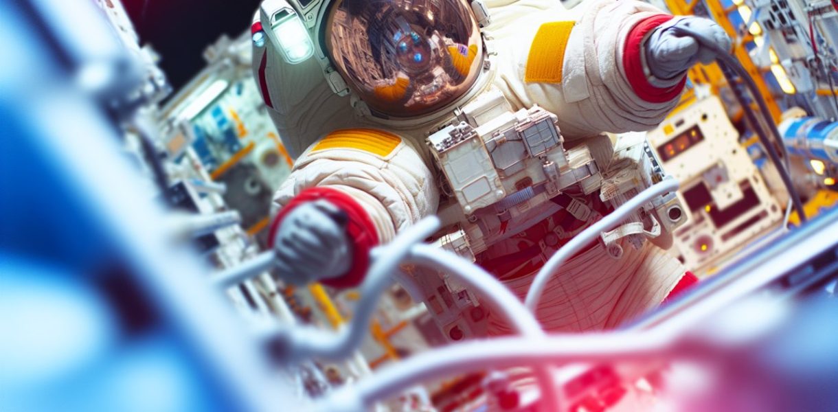 Un astronaute en combinaison spatiale manipulant des équipements scientifiques dans une station spatiale.