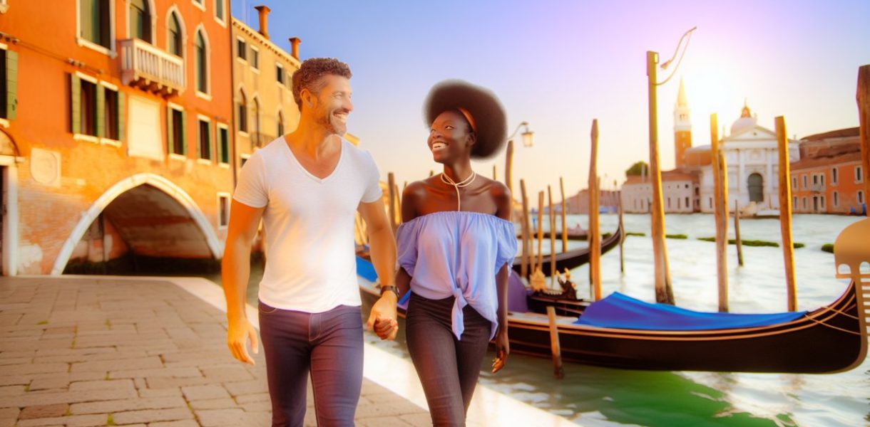 Un couple se tenant la main en se promenant près des canaux de Venise, avec des gondoles en arrière-plan.
