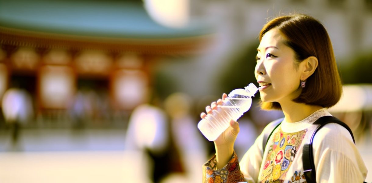 Une femme en train de boire de l'eau en bouteille lors de son voyage à l'étranger.
