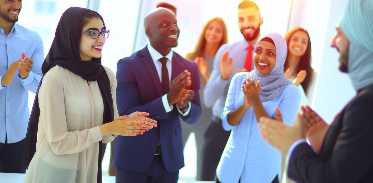 Un groupe de collègues applaudissant un employé qui reçoit un prix ou une récompense de la part de son supérieur.