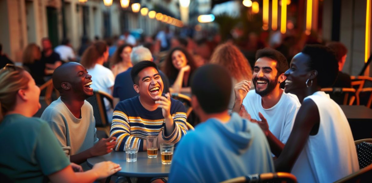 Un groupe multiculturel d'amis riant et discutant à une table en terrasse d'un bar.