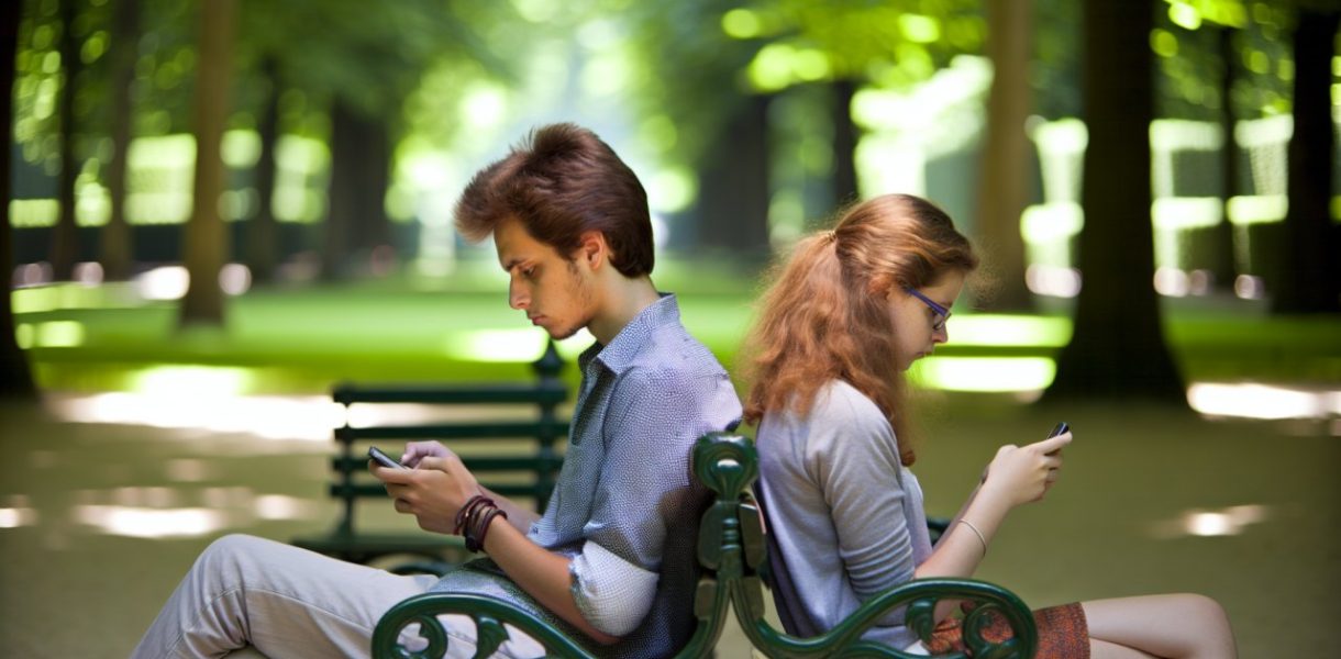 Un jeune couple assis dos à dos sur un banc, chacun concentré sur son téléphone portable.