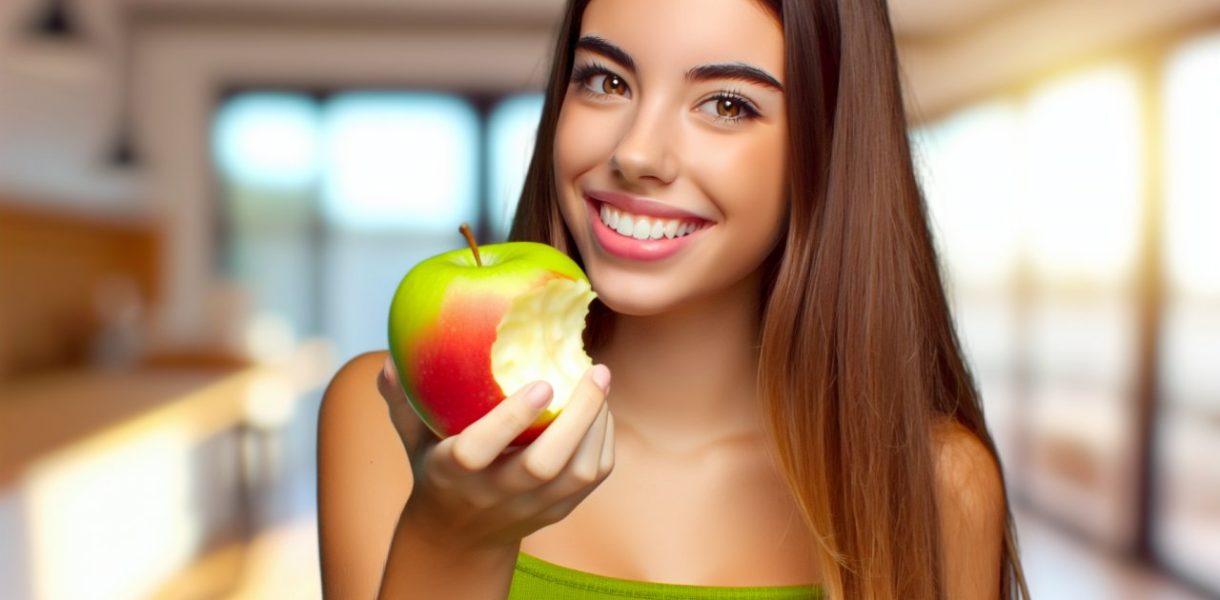 Une jeune femme rayonnante tenant une pomme croquée à la main.