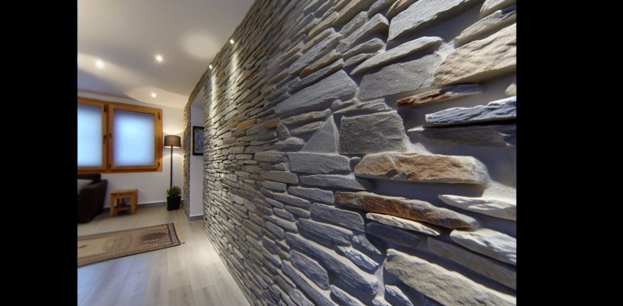 Un mur intérieur de maison recouvert de pierres de parement.