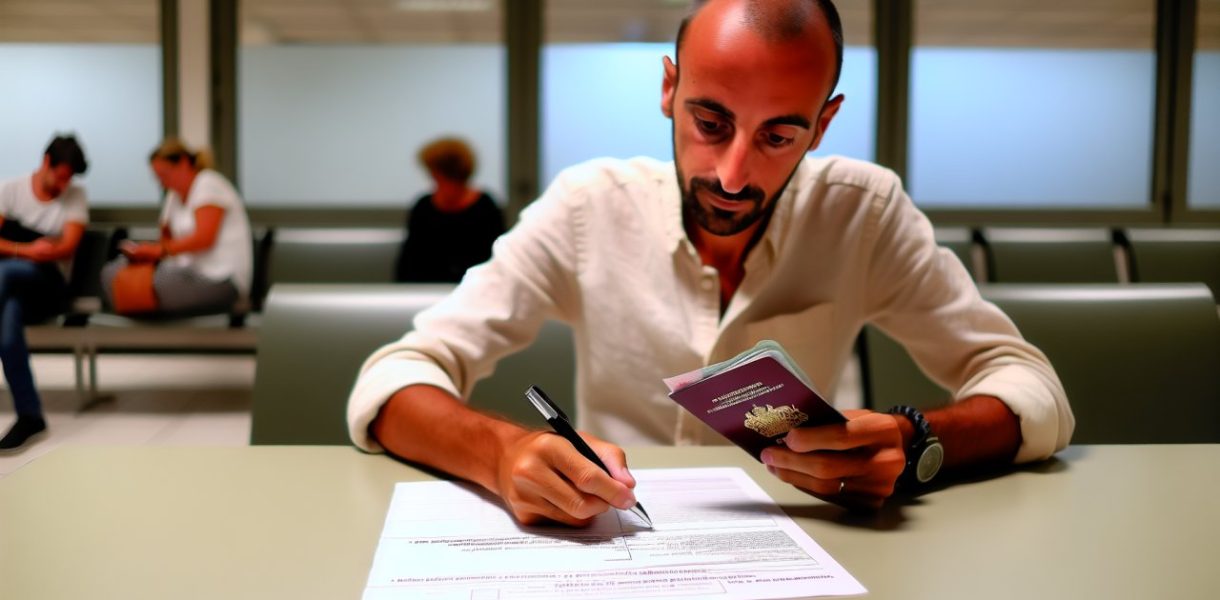 Une personne tenant un passeport et un stylo, prête à remplir un formulaire.