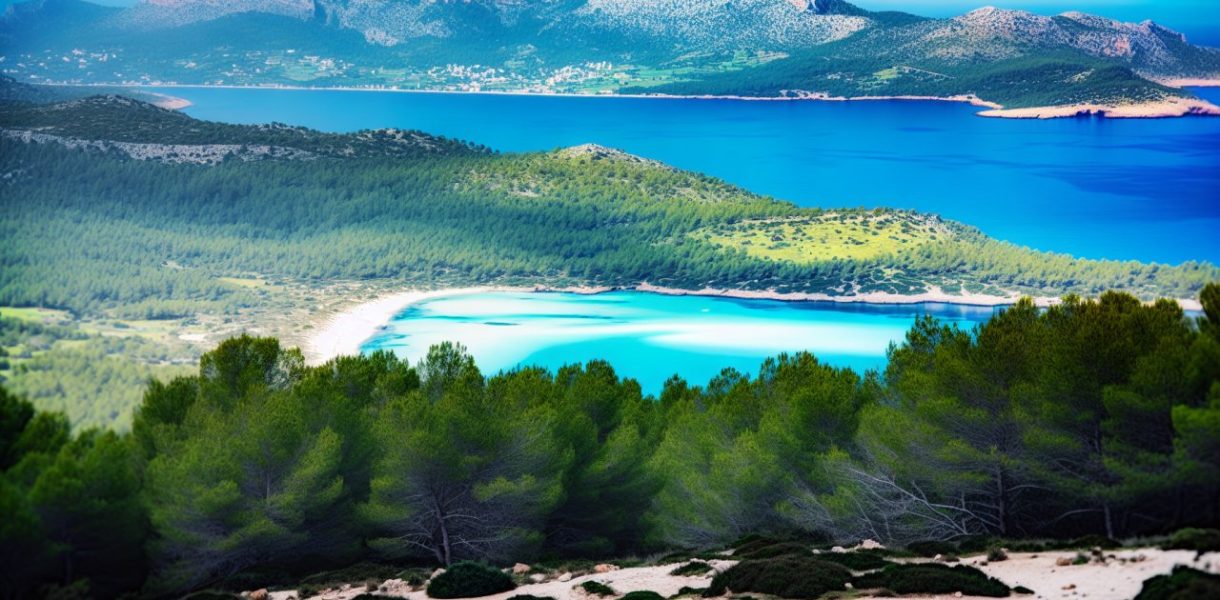 Une vue panoramique de l'île de Majorque avec ses plages de sable blanc, ses eaux turquoise et ses montagnes verdoyantes.