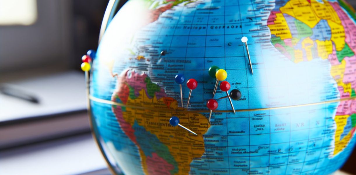Un globe terrestre avec des punaises marquant différentes destinations.