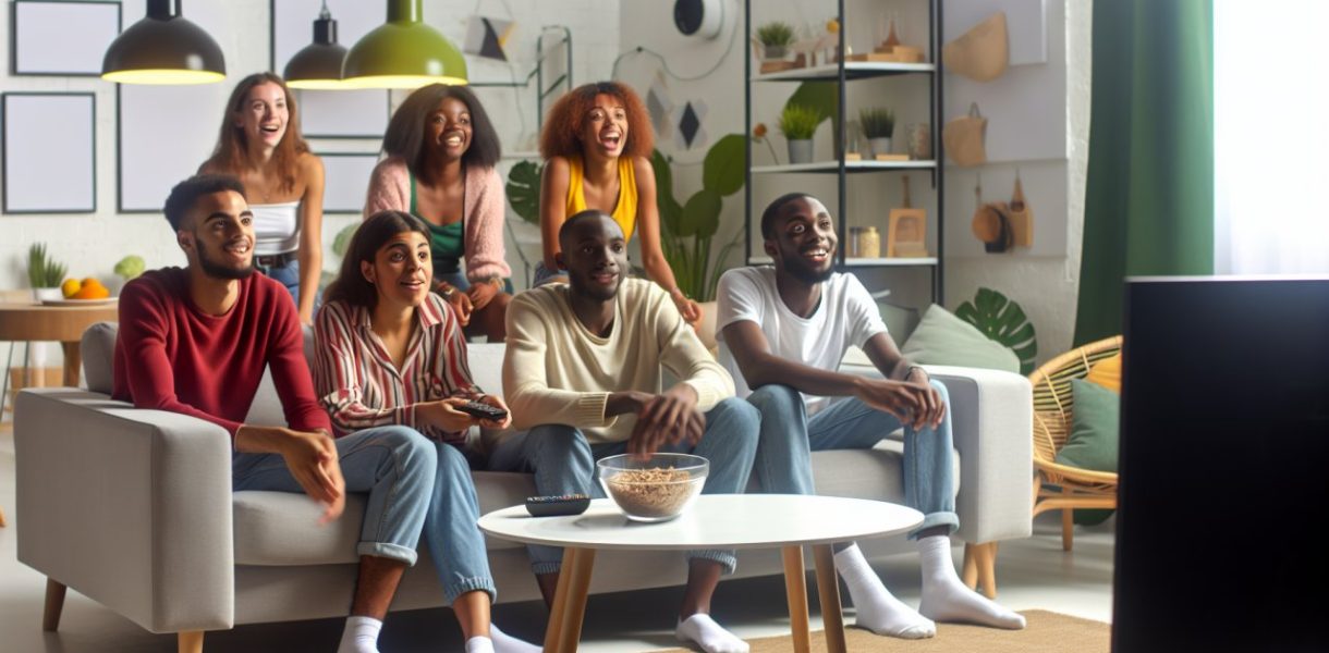 Un groupe de jeunes gens assis ensemble sur un canapé, regardant une série sur une télévision connectée à une plateforme de streaming.