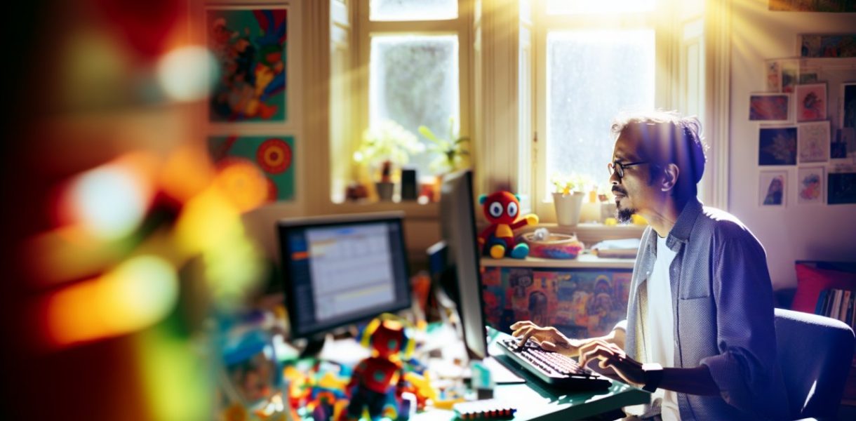 Une personne travaillant sur son ordinateur à la maison, avec des jouets d'enfants éparpillés autour d'elle.
